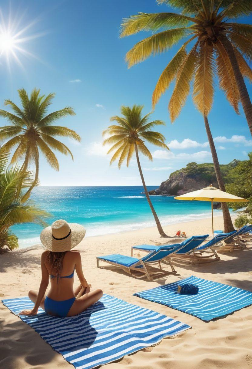 A vibrant beach scene filled with diverse groups of people enjoying the summer sun, showcasing the latest beachwear trends like colorful swimsuits and trendy straw hats. The bright blue ocean waves crash against the shore, while palm trees sway in the background. Add elements like beach towels, sun loungers, and a bright sun shining overhead to enhance the summery atmosphere. An inviting color palette with sunny yellows and ocean blues will bring an elated feel. super-realistic. vibrant colors. tropical setting.