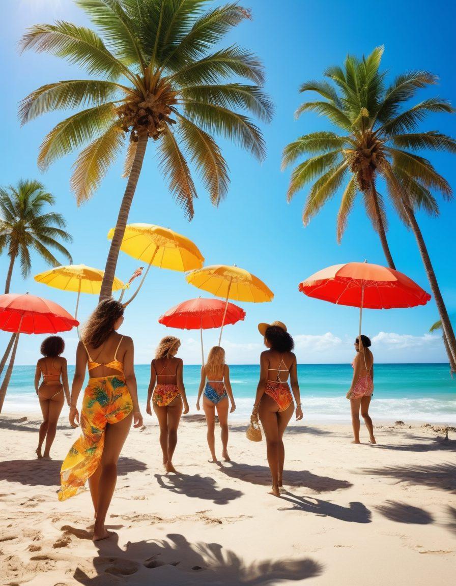 A sun-soaked beach scene featuring a diverse group of people wearing vibrant, stylish vacation outfits, radiating joy and energy under a bright blue sky. Include tropical palm trees and beach umbrellas in the background, with a splash of ocean waves. Emphasize cheerful colors and playful patterns that reflect summer fun. Captivating sunlight casting warm shadows, enhancing the lively atmosphere. mega colorful, super-realistic, summer vibes.