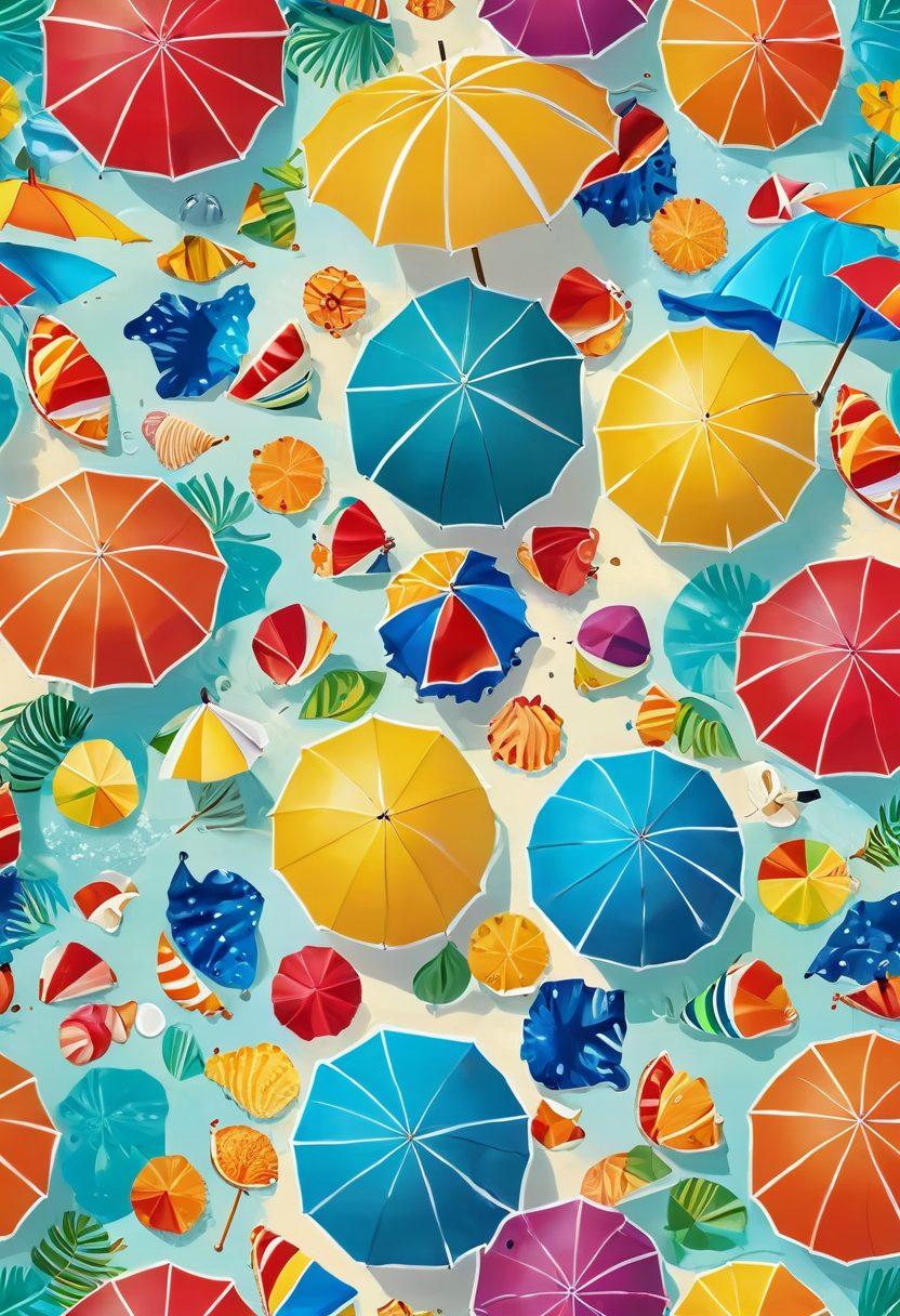 A vibrant beach scene capturing the essence of summer joy, featuring a diverse group of friends wearing cheerful, colorful swimwear and vacation attire. The background showcases bright sun umbrellas, crystal-clear waves, and playful beach activities. Incorporate elements like tropical drinks, beach balls, and seashells to evoke a carefree atmosphere. Use bright, uplifting colors to emphasize fun and happiness. super-realistic. vibrant colors. sunny day.